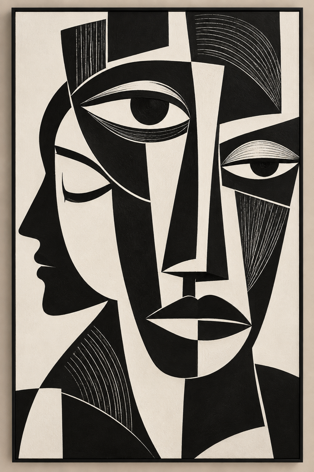 Abstract Faces Black & White Wall Art Frame – 60 × 90 cm