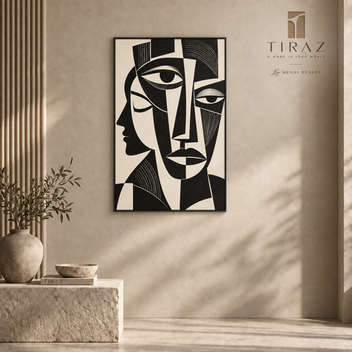 Abstract Faces Black & White Wall Art Frame – 60 × 90 cm