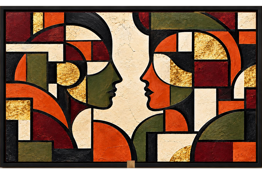 Face to Face — Geometric Abstract Portrait Wall Art Printed Canvas (150 × 100 cm)