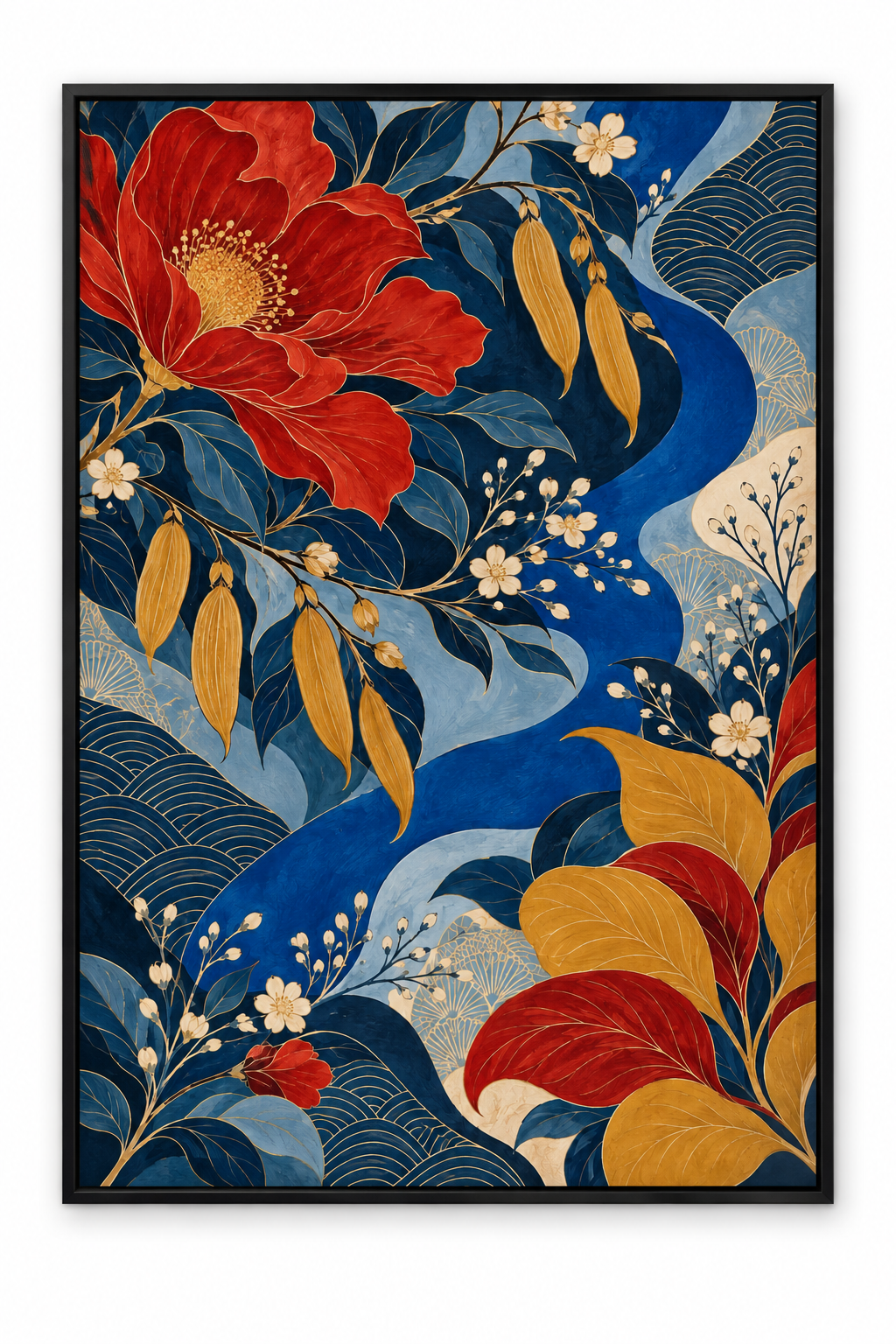 Bloom in Blue – Botanical Wall Art Frame – Printed Canvas – 60 × 90 cm