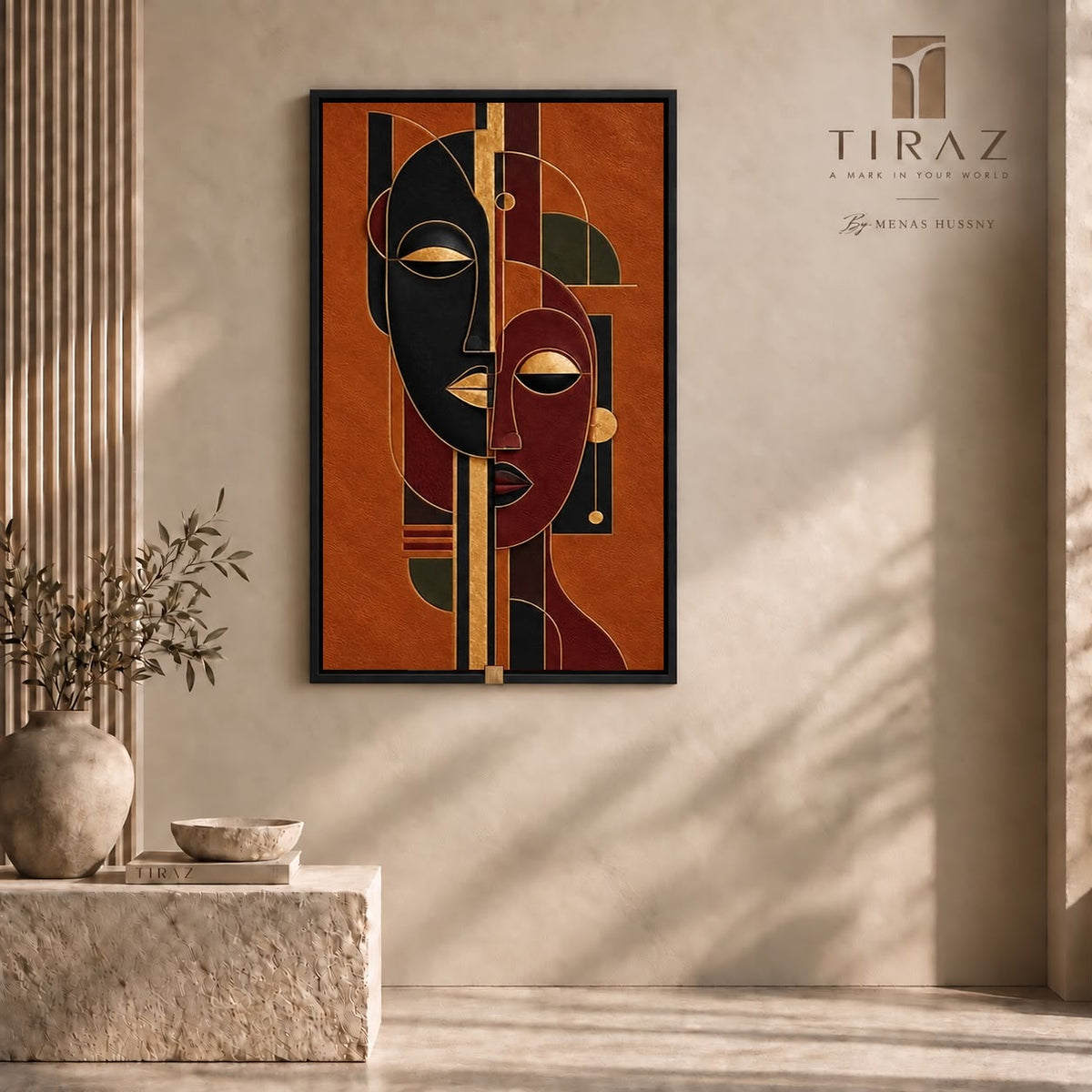 Twin Spirits — Abstract Mask Wall Art Printed Canvas (60 × 90 cm)