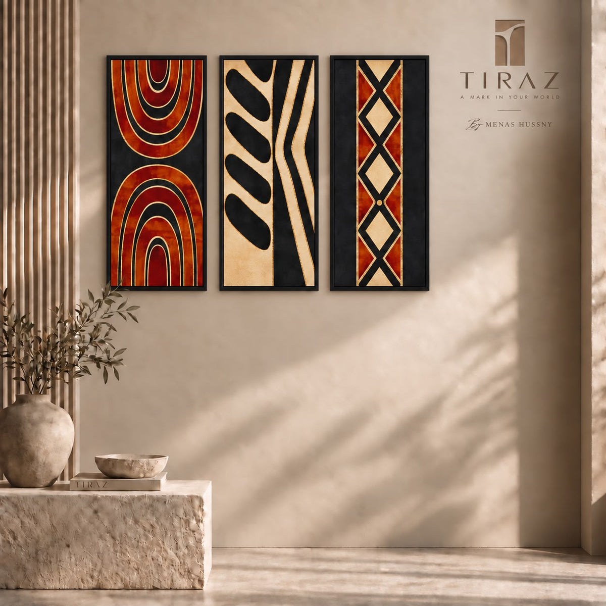 The Ember Geometry — Abstract Wall Art Triptych Printed Canvas (60 × 90 cm Each)